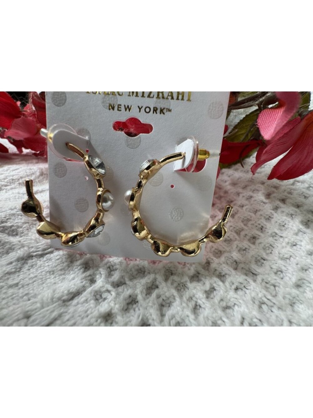 Isaac Mizrahi Gold Enamel Faux Pearl CZ Edges Hoop Earrings 1.5" MSRP $38 NEW
